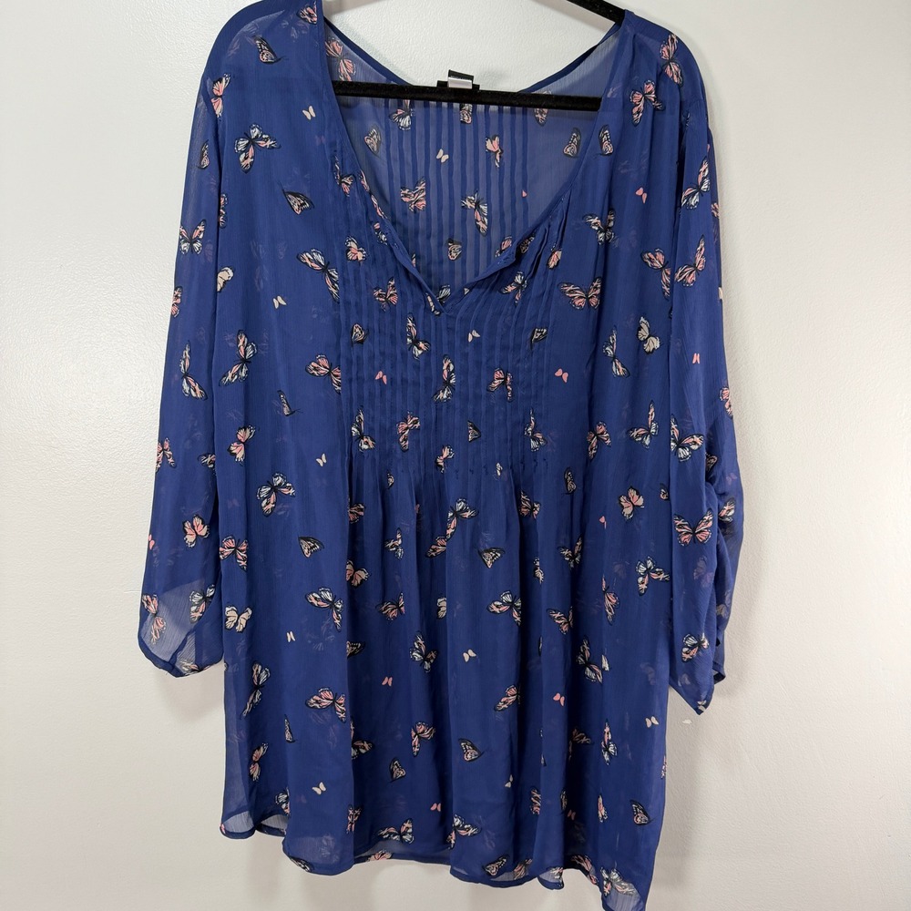 Torrid Blouse Womens 5 Blue Butterfly Print Pintuck Pleated Sheer Georgette Top